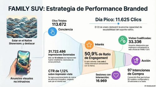Infografía del caso Family SUV con resultados de performance branded y métricas del funnel
